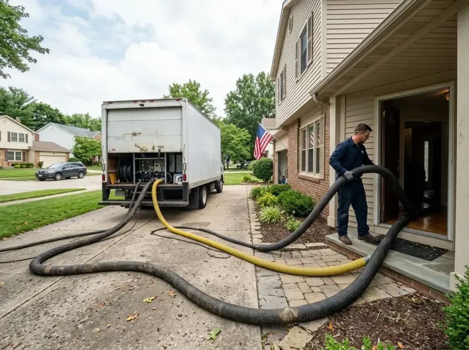 Box Truck — Residential Driveway — Box Truck, Water Extraction Unit, Vacuum Hose, Residential Driveway, Emergency Water Extr…