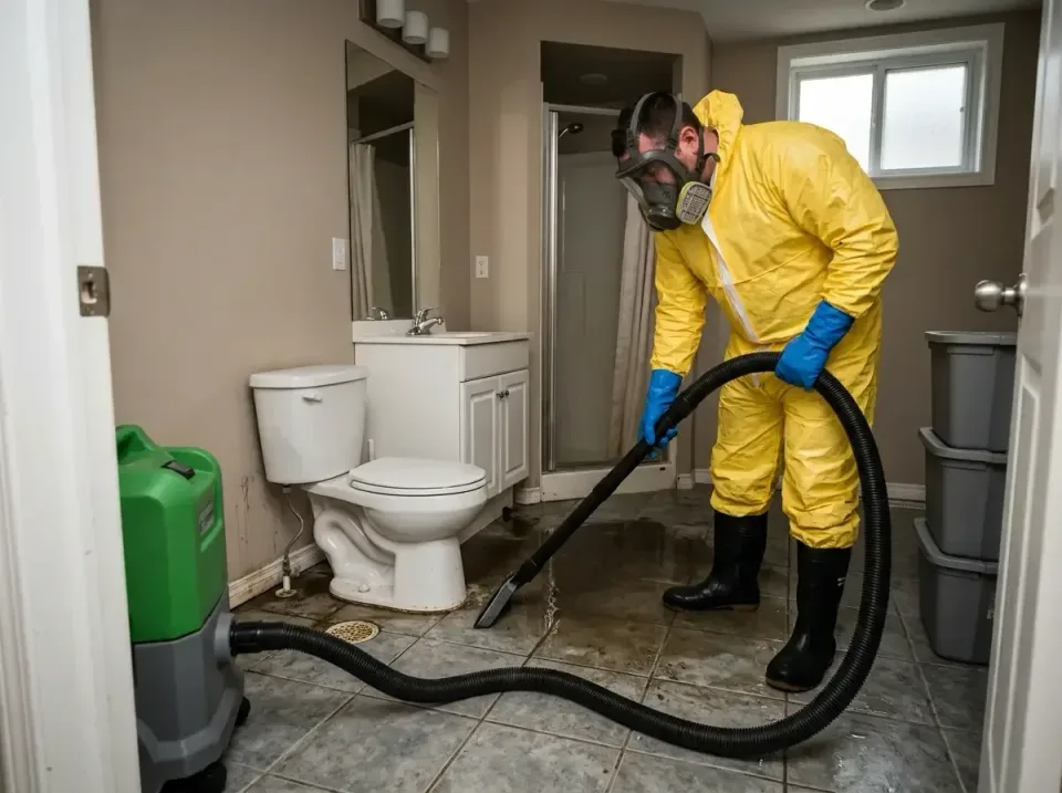 Hazmat Suit — Bathroom — Hazmat Suit, Respirator Mask, Rubber Boots, Bathroom, Emergency Water Extraction & Drying in Houston