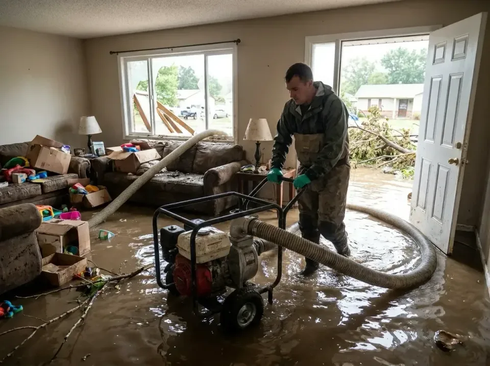 Portable Water Pump — Flooded Living Room — Portable Water Pump, Suction Hose, Discharge Hose, Flooded Living Room, Emergenc…