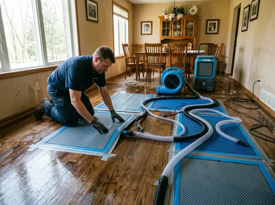 Restoration Technician — Residential Interior — Restoration Technician, Hardwood Floor Drying Mats, Air Mover, Residential I…