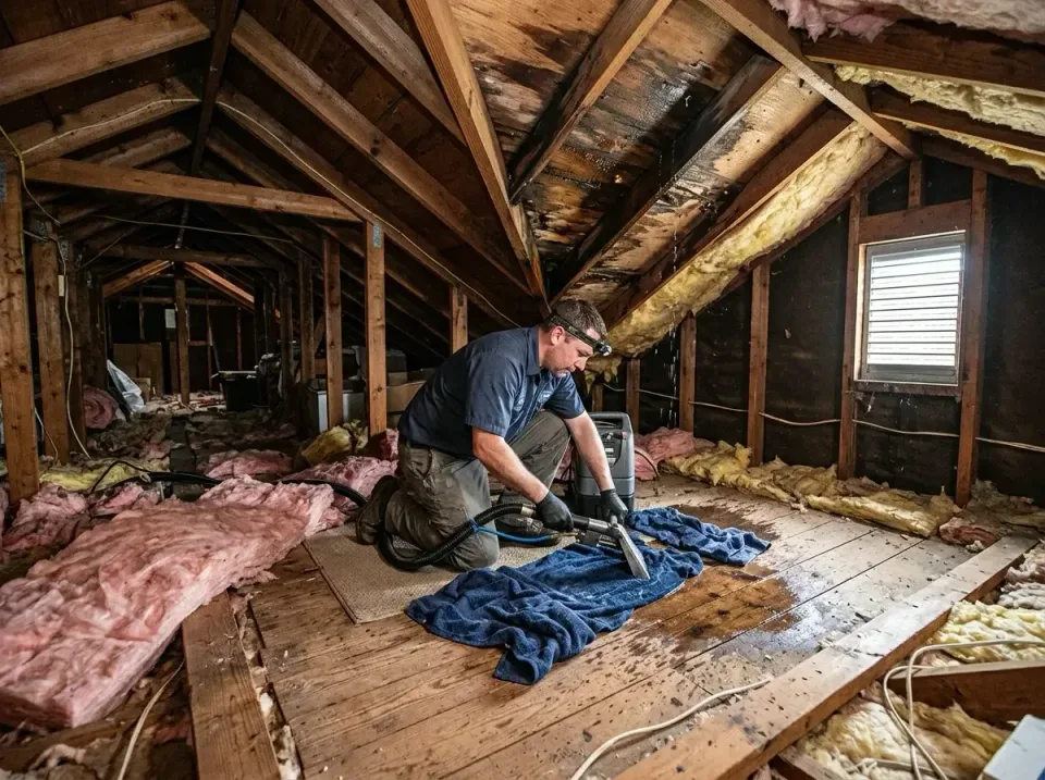 Technician — Attic — Technician, Water Extraction Wand, Vacuum Hose, Attic, Emergency Water Extraction & Drying in Houston