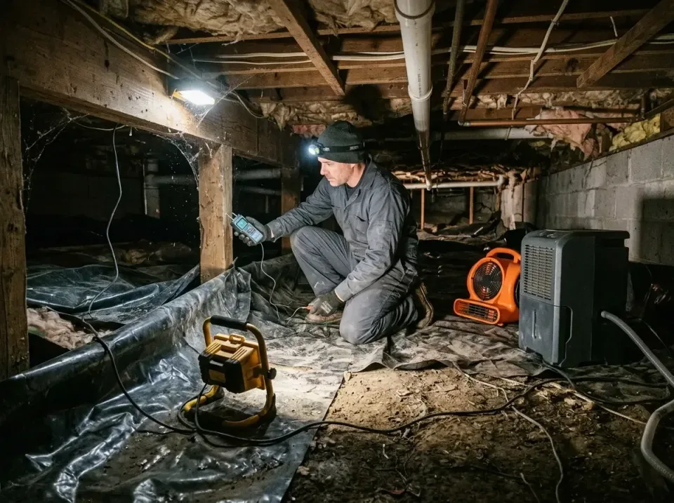 Technician — Crawl Space — Technician, Moisture Meter, Dehumidifier, Crawl Space, Emergency Water Extraction & Drying in Hou…