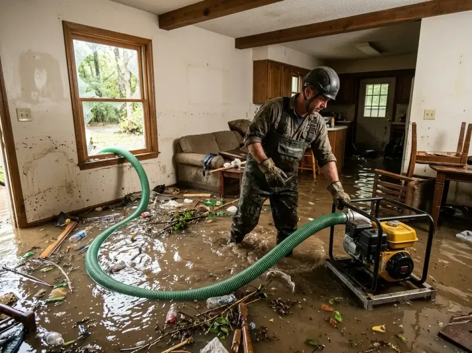 Water Pump — Water Damage Restoration — Water Pump, Suction Hose, Technician, Water Damage Restoration, Emergency Water Extr…